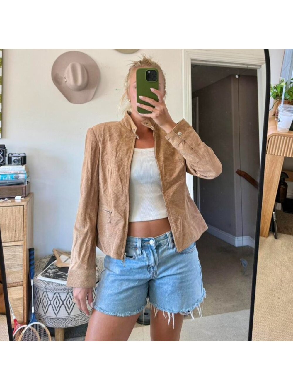 NEWPORT NEWS BROWN TAN LEATHER ZIP UP JACKET WOMENS SIZE 12 MEDIUM